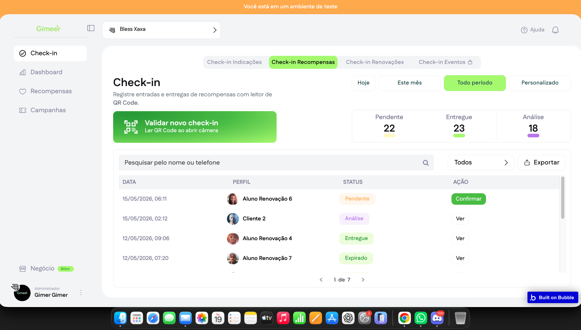 Painel de Check-in do Gimeer