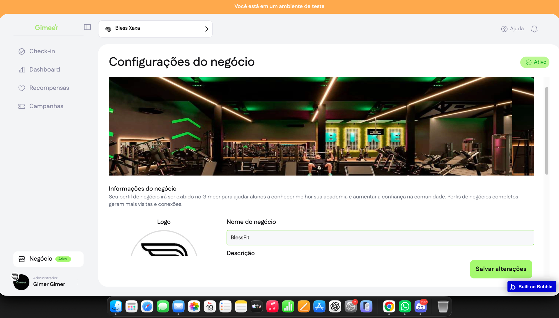 Configurações do negócio no Gimeer